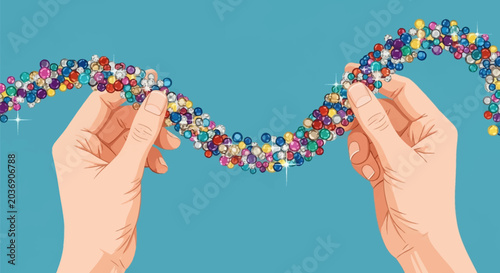 Vector illustration of a pair of human hands holding and arranging a wavy strand of multicolored beads, pearls, gemstones, and diamonds against a solid teal blue background.