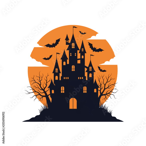 Spooky haunted castle silhouette with tall towers and lit windows, set against a large orange moon background with flying bats and leafless trees on a plain white surface.
