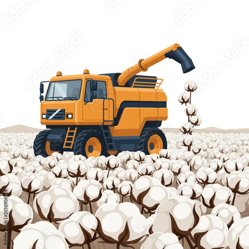 Vector illustration of a yellow modern cotton harvester machine working in a vast white cotton field with fluffy bolls, industrial agricultural machinery for commercial fiber production.