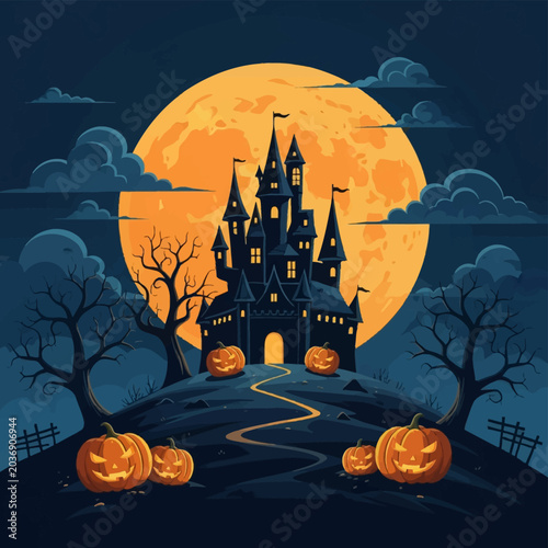 Halloween vector illustration of a dark gothic haunted castle silhouette on a hill under a large orange full moon with glowing jack-o-lantern pumpkins and gnarled leafless trees.