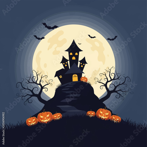 Halloween vector illustration of a haunted castle silhouette on a hill under a large full moon with flying bats, gnarled bare trees, and carved glowing jack-o'-lantern pumpkins.