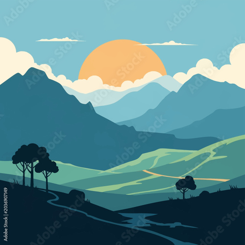 Flat vector landscape illustration featuring blue layered mountain peaks under a large orange sun, white clouds, green rolling hills in the valley, and tree silhouettes in the foreground.