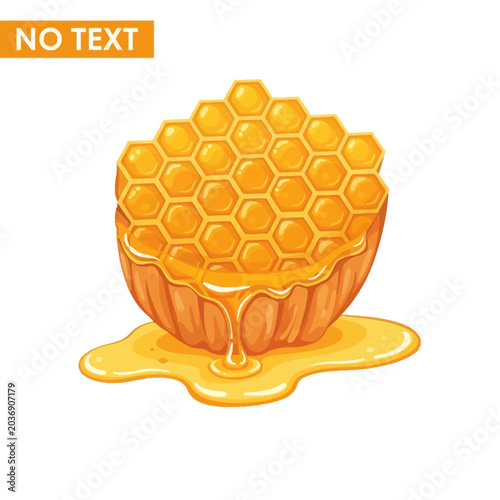 Golden honeycomb vector illustration with liquid amber honey dripping from hexagonal wax cells into a textured bowl and pooling on a white background, isolated graphic.