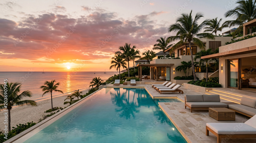 Fototapeta premium swimming pool at sunset in hotel