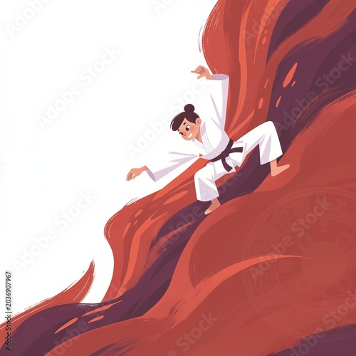 Dynamic Illustration of a Young Woman in Martial Arts Gi with Black Belt Performing a Powerful Action Pose