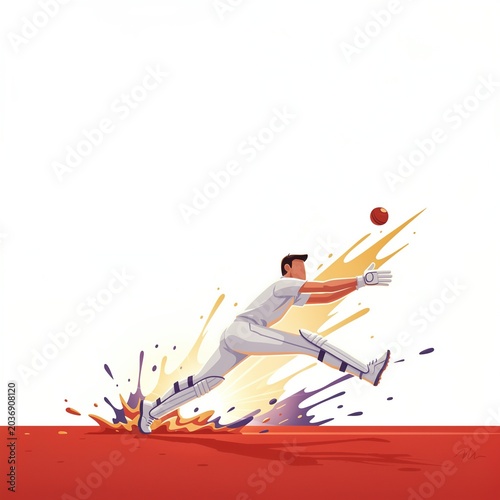 Dynamic Vector Illustration of a Cricket Player Diving for a Catch with Energetic Splash Background