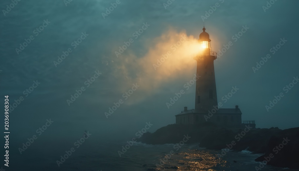 Obraz premium Ancient lighthouse glows through thick fog on rocky coast. Light beam cuts mist guiding ships through dark stormy ocean. Maritime beacon warns ships.