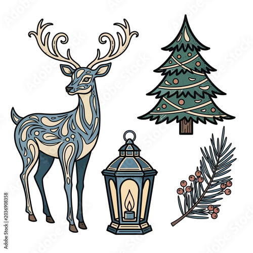 Deer with large antlers standing still.