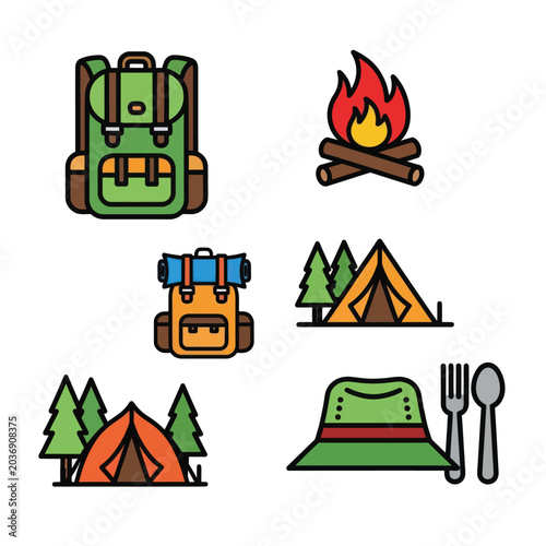 Camping gear and outdoor equipment icons.