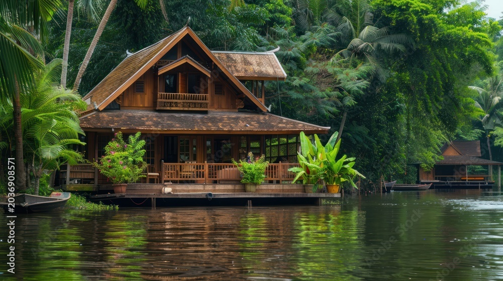 Obraz premium Wooden house by the water tropical setting