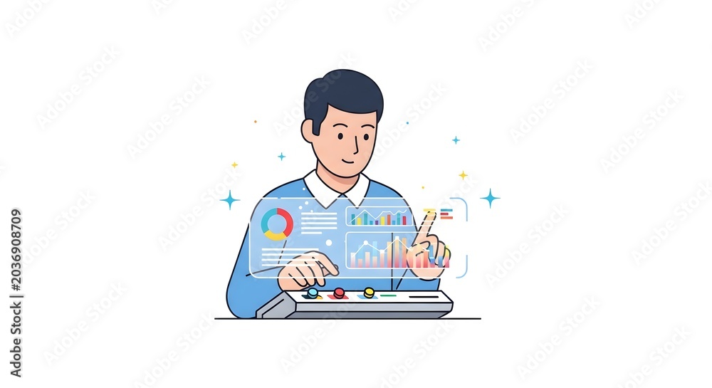 Fototapeta premium Young man interacting with a futuristic holographic interface displaying charts and data analytics