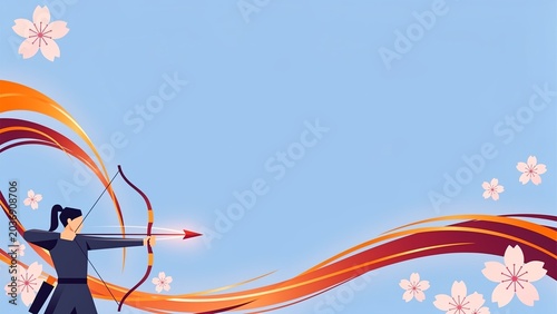 Stylized Illustration of an Archer Aiming a Bow and Arrow with Cherry Blossoms and Abstract Flowing Ribbons
