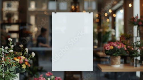 Blank Poster Mockup Hanging in Elegant Flower Shop Window with Soft Light, Ideal for Floral Boutique Promotions and Retail Display Advertising