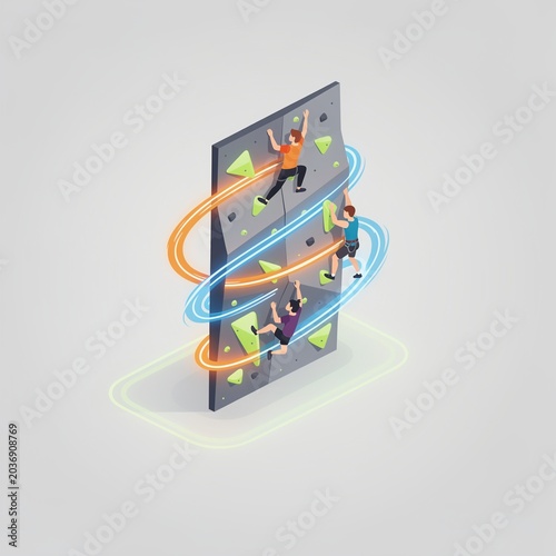 Isometric 3D Illustration of People Climbing a Wall Representing Growth, Success, and Overcoming Challenges with Glowing Energy Spirals