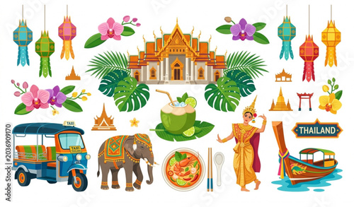 Thailand travel culture vector collection with famous landmarks tropical elements and traditional tourism icons