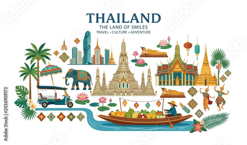 Thailand landmark and cultural travel vector illustration with temples elephants floating market and tropical design
