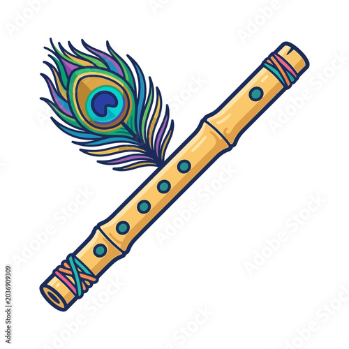 Cartoon Bansuri Flute with Peacock Feather Isolated Vector Illustration