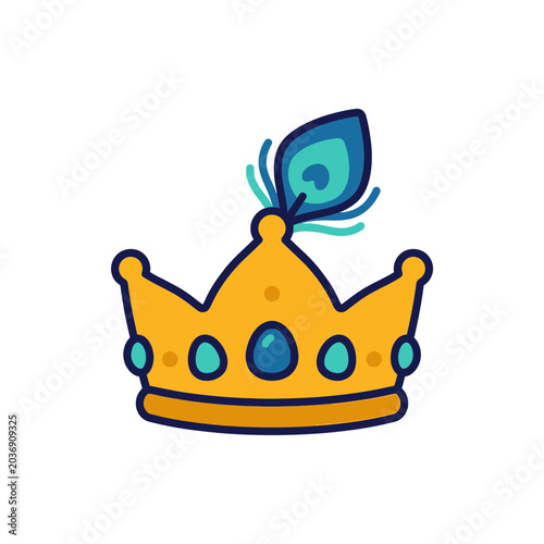 Cartoon Golden Crown with Peacock Feather and Jewels