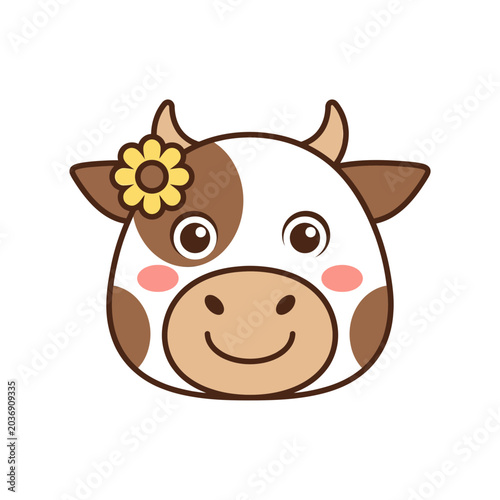 Cute Cartoon Cow Head with Flower