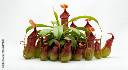 Realistic photo of pitcher plants with unique shapes, natural colors, green leaves, and exotic hanging pitchers.