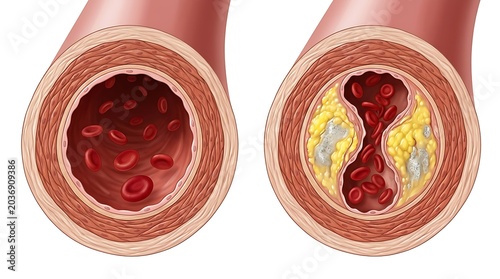Comparison of healthy and clogged artery with plaque buildup