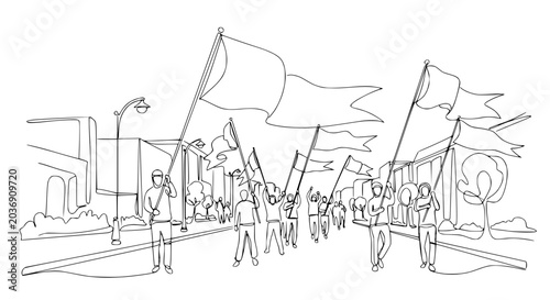 Obraz na plátne Protest march with blank flags on city street, continuous line drawing