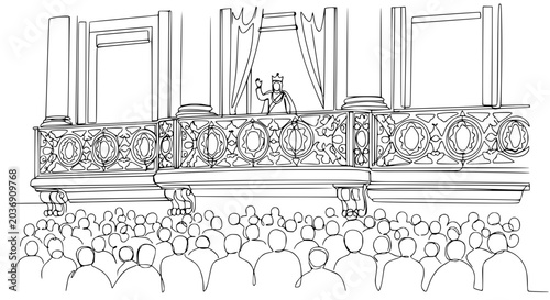 Fotografie King addressing crowd from ornate balcony, historical illustration, line art, pu