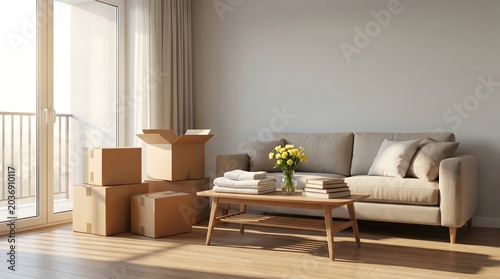Cozy living room with moving boxes and a couch, ready for a new home or apartment move, creating a warm and inviting atmosphere