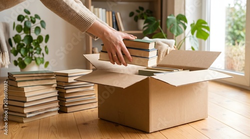 Close-up of Hands Packing a Stack of Books into a Moving Box for Home Relocation