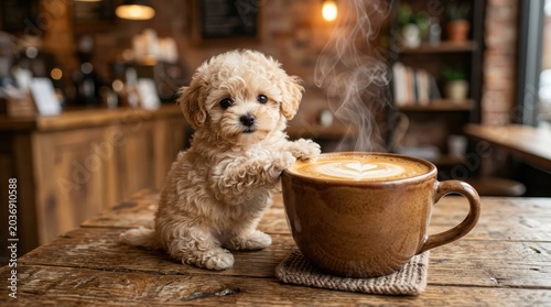 A small dog sits on a table next to a steaming cup of coffee