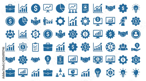Blue Business, Finance, and Analytics Flat Glyph Icon Set