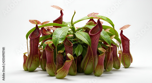 Realistic photo of pitcher plants with unique shapes, natural colors, green leaves, and exotic hanging pitchers.