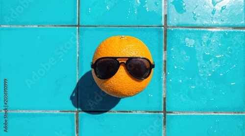 An orange wearing sunglasses floats on turquoise pool tiles with water droplets.