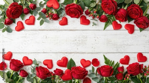 Romantic Valentine's Day decoration with red roses and hearts on white wooden background
