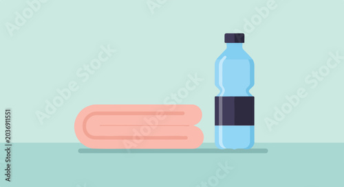 Photos A flat vector illustration depicts a folded pink towel and a blue water bottle with a dark label, sitting on a light teal surface