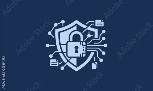 Cybersecurity concept with a shield icon, padlock, and digital circuits representing data protection and network security