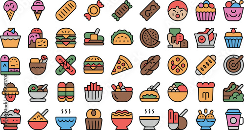 Cuadro en lienzo Food and Restaurant Icon Set with Cute Fast Food, Bakery, Dessert, and Meal Symb