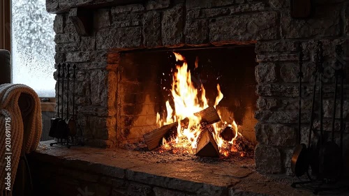 Cozy fireplace with warm glowing fire and stone surround, perfect for a relaxing evening indoors