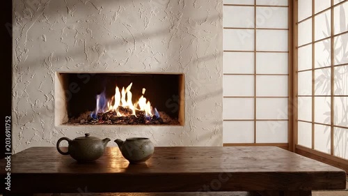 Warm and inviting Japanese-style living room with a modern gas fireplace, shoji screen, and a wooden table with teapots, creating a serene atmosphere for relaxation and contemplation