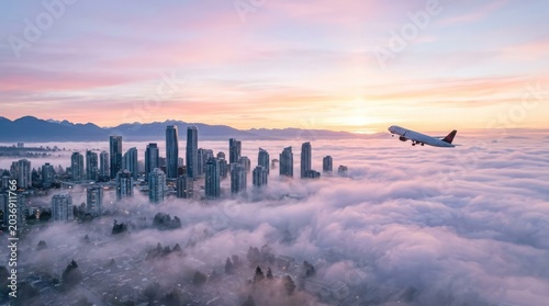 Aerial View of Cityscape Above Clouds with Airplane Taking Off at Sunset