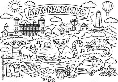 Antananarivo Madagascar cartoon outline hand drawn Line Art illustration doodle art coloring page for kids