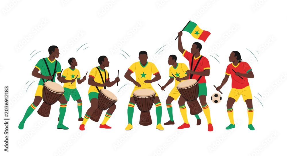 Fototapeta premium Senegalese football fans playing drums and waving flag, flat vector illustration on white backdrop
