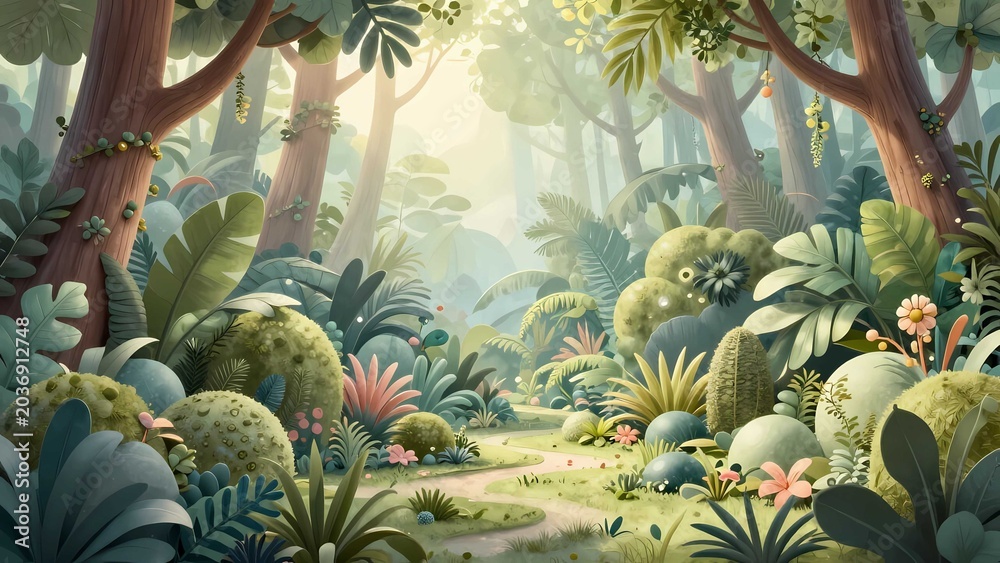 Obraz premium Dreamy jungle vegetation landscape featuring moss canopy and exotic greenery atmosphere