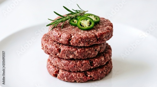 Raw Beef Burger Patties with Rosemary and Jalapeno on White
