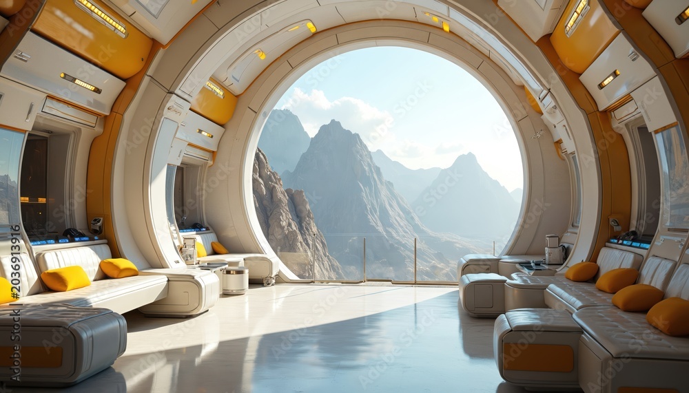 Fototapeta premium Futuristic interior lounge area with large round window displaying rocky mountain panorama. Modern white and yellow furniture, comfortable sofas, and bright natural light create a serene ambiance.