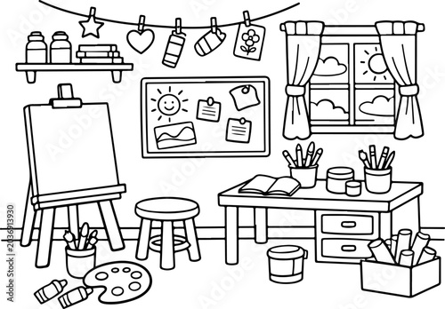 Art Studio room supplies cartoon outline hand drawn Line Art illustration doodle art coloring page