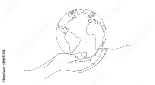 Cuadro en lienzo Line Art Hand Holding Earth Globe, Global Care Concept, White Background