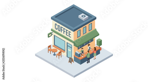 Foto Isometric Coffee Shop Building Exterior with People Ordering Drinks
