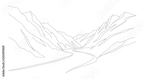 Bilde på lerret Minimalist mountain valley river line drawing, serene natural landscape outline