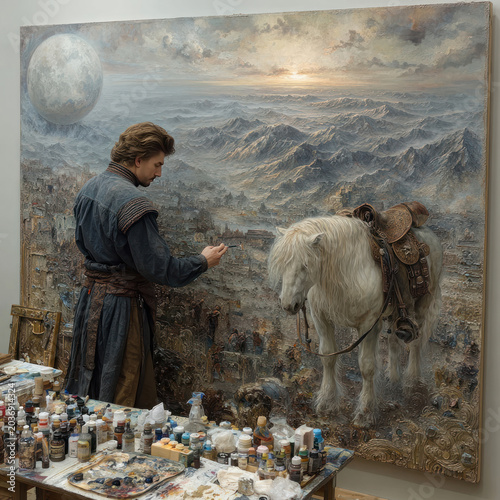 Fantasy Artist Painting Epic Medieval Landscape with White Horse in Surreal Fine Art Studio